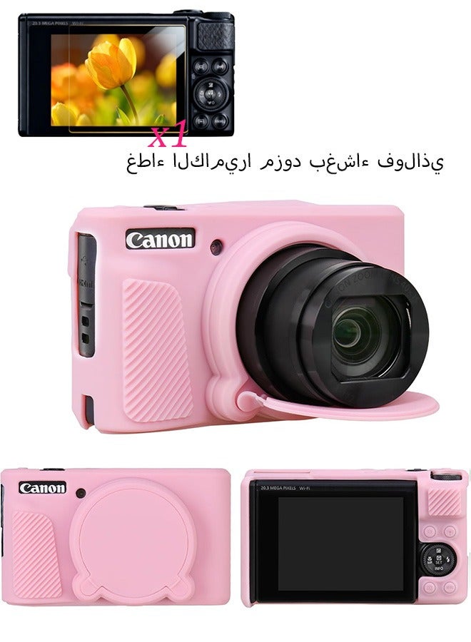 حافظة سيليكون متوافقة مع كاميرا Canon Powershot SX740 SX730 HS الرقمية حافظة مطاطية ناعمة SX740 HS مع غطاء عدسة قابل للإزالة وواقي شاشة من الزجاج المقوى مضاد للانزلاق ومضاد للخدش، لون وردي - Image 1